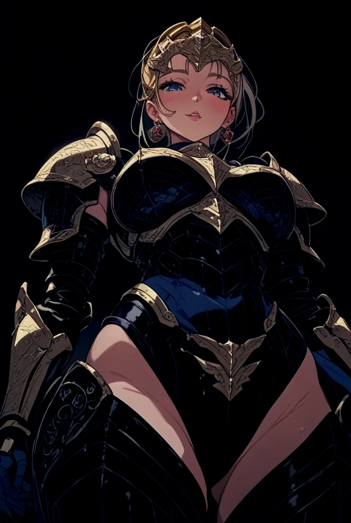 Blonde beauty，Short ponytail，Chest，cleavage，black tights，Black sci-fi armor，Long skirt，iron boots，whole body，cross sword，Standing，maze(masterpiece, best quality, high quality, High resolution, Extremely detailed),
