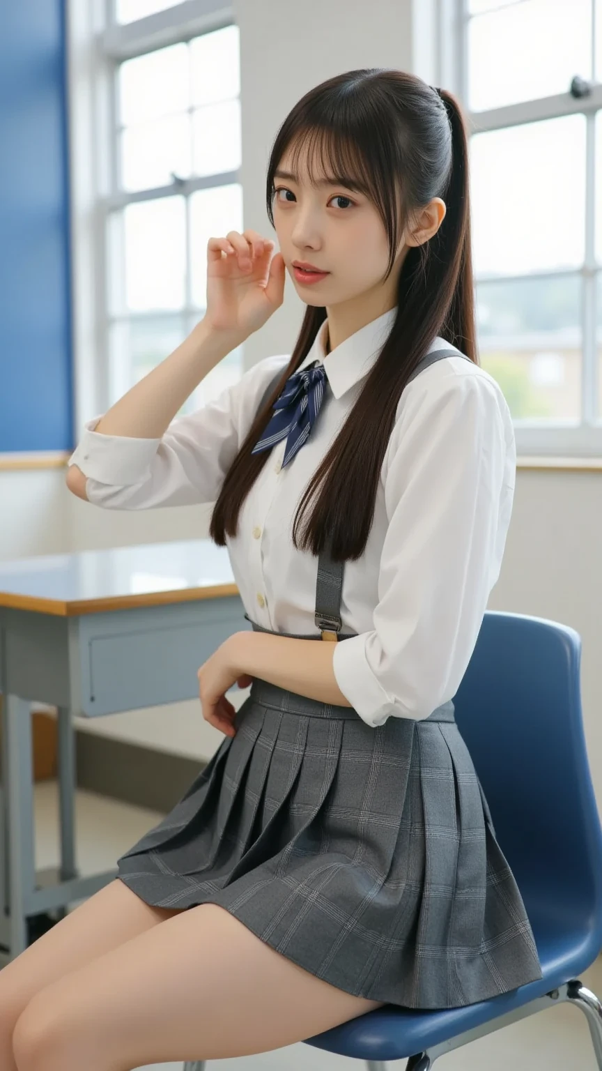 (1 girl), (sexy look:1.5), (flat chest:1.3), (very detailed目, very detailed顔), (超realistic, High resolution), (highest quality:1.4), (hyper quality), realistic skin texture, RAW photo, (realistic, Photoreal:1.37), very detailed, professional photography, (school uniform, pleated skirt:1.3), (look at me), (School, classroom), ((Meet me face to face:1.4)), (((Please hold the hem of your skirt and show me your pants.:1.4))), (from below:1.3), realistic private parts, lace panties, Japanese high school girl、超highest quality、masterpiece、超High resolution、Depth of written boundary、(Photoreal:1.4)、(Award-winning photo、信じられないほどのmasterpiece:1.3) 、RAW photography、golden ratio、Highly detailed CG Unity 8k wallpaper、detailed and complex、original、High resolution、RAW photo、(perfect body shape)、detailed and complex、Digital single-lens reflex camera、soft writing、(background person blur:1.1)、Sigma 85mmF/1.4、50mm Lenac lighting、nffsw、hyper real、color grade, Rear view,from below:1.3), realistic private partsを見せつける, 