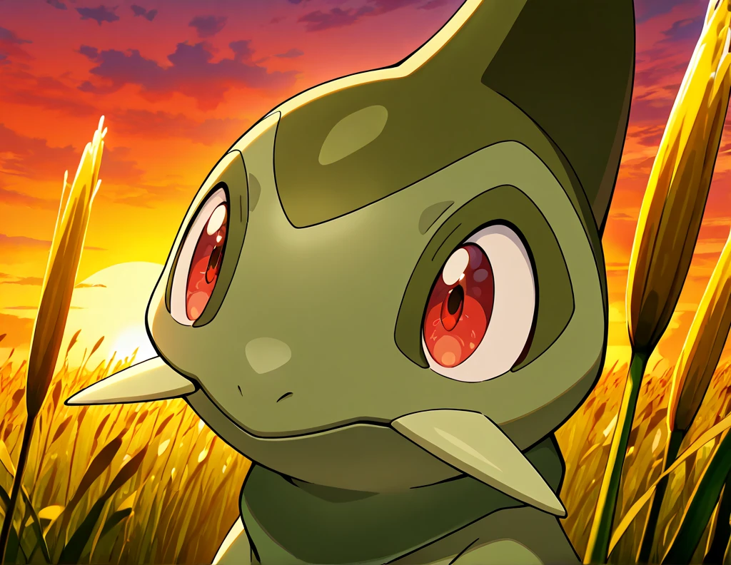 Axew, head only , close-up, Solo, red eyes, reeds, sunset, beautiful, outstanding, nibbling, anime screencap, masterpiece, best quality, amazing quality
