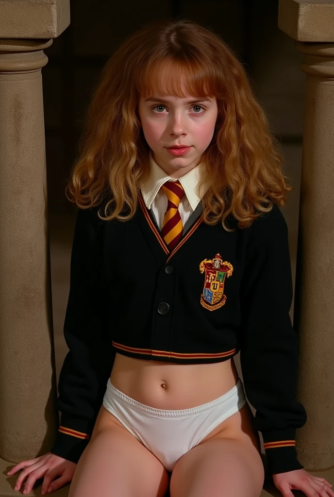 1girl, solo focus, , light freckles, 9 year old, a young girl (riding a broomstick) at hogwarts, sitting on broom, hermione granger, flat torso, naked, nude body, pussy, spread legs , wet, front view, 