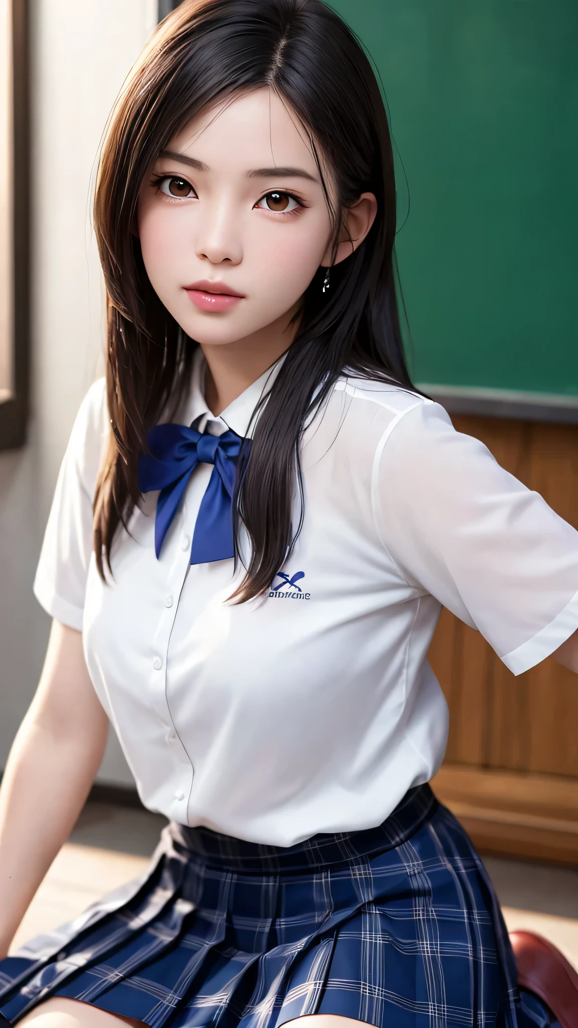(obra maestra、highest qualityr:1.2), Colegiala surrealista, solo, realista、1chica en, Yukinoshita Yukino, (piel brillante、piel mojada:1.2), Sudor usado, Estoy sonriendo muy feliz, Observa a tu audiencia cuidadosamente, A cuatro patas, uniforme escolar, Camisa blanca, faldas a cuadros, muslos muslos muslos muslos muslos, PM, Aula Surrealista Chica de Escuela Secundaria、Mujer muy alta、Pelo corto con flequillo limpio de 46 puntos,,,,,,,、el cuello es largo、Saca las orejas、Distinct double eyelids、ojo grande、The Beauty of the Golden Ratio、Perfect anatomy、Cuerpo perfecto y detallado、Pechos grandes, pechos, escote