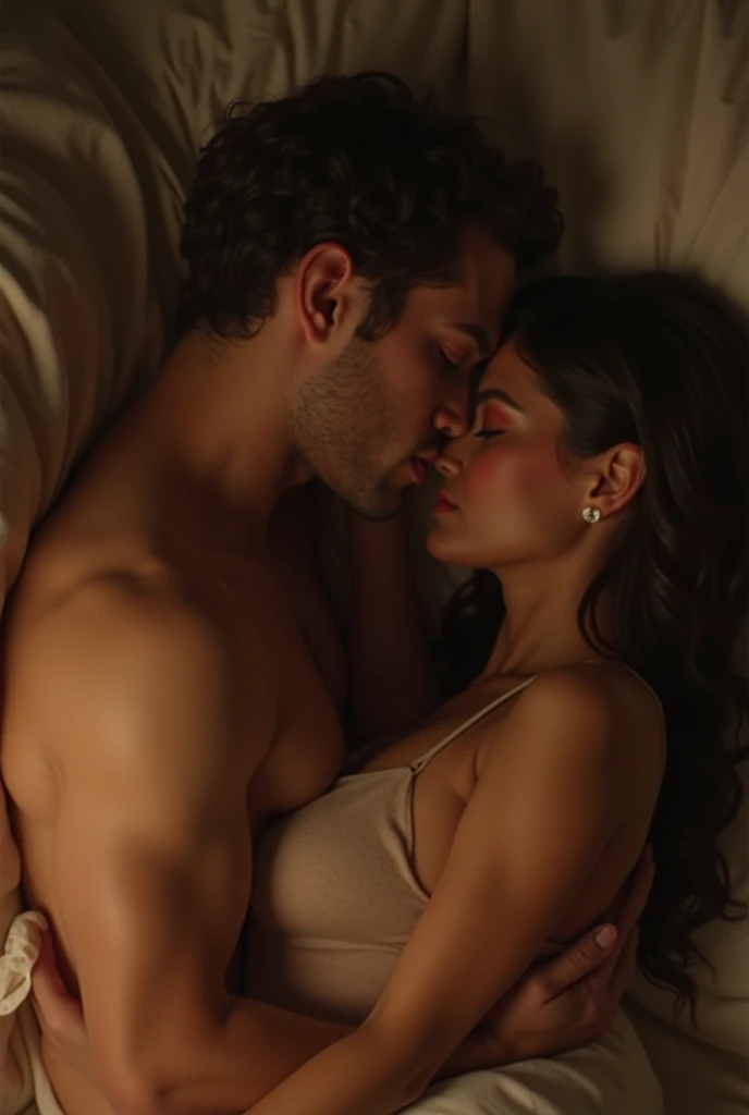 man sucking an indian actress breasts breast covered in a transparent sheer, lying on bed, in a lavish resort, cinematic feel