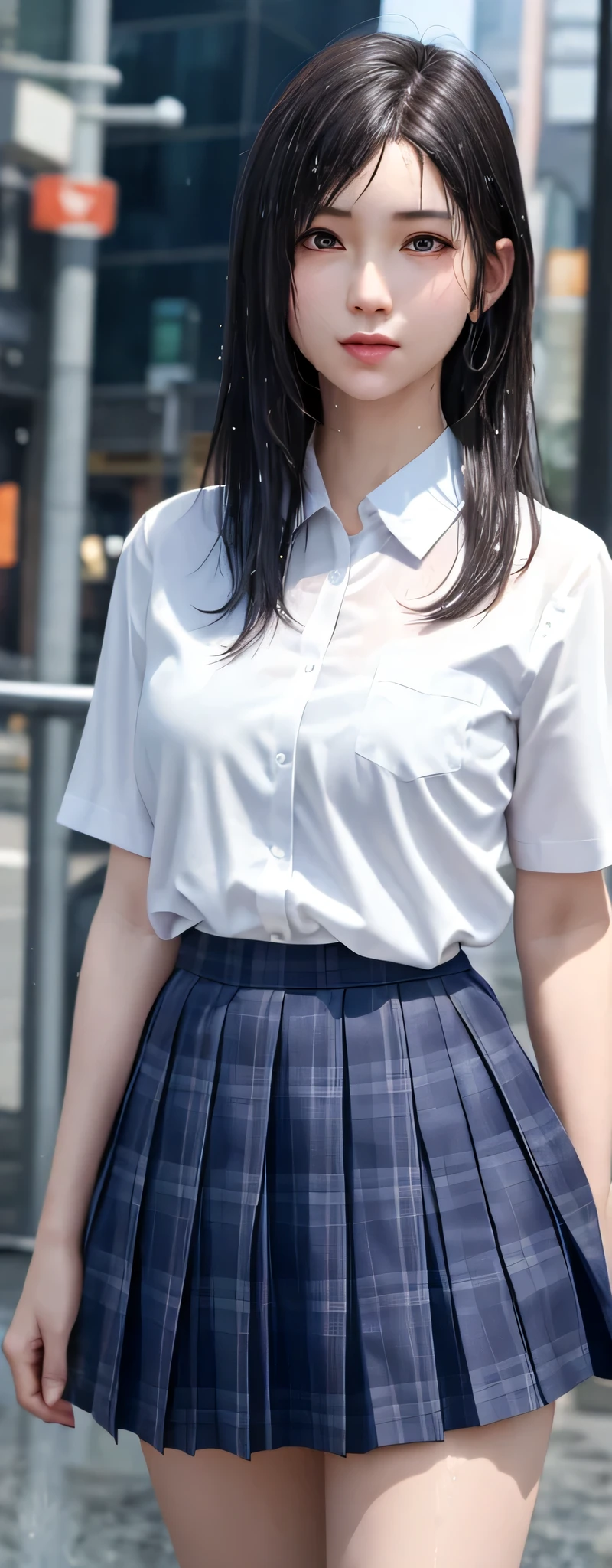 {top quality, masterpiece}, (Realistic: 1.3), (photo Realistic: 1.3), wallpapers, BREAK {{{FF7, Tifa_lockhart, solo}}},{{{Japan JK uniform, White short-sleeved shirt, Navy Blue Plaid Pleated Skirt, Dark blue short socks, loafers, see through shirt}}}, (background big city,shibuya:1.1), {{{erotic, Nogizaka idol}}}, Ultra-detailed face, Detailed eyes, Red eyes, BREAK (black brown hair, Large breasts: 1.0), BREAK About 18 years old, kawaii, sensual, looking away, {{{erotic face ,erotic mouth, erotic eyes}}}, face focus:1.2