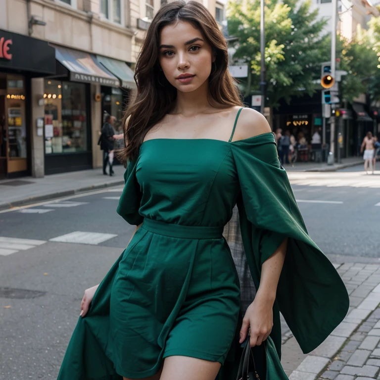Beautiful 26 year old woman, 170 cm tall, 60kg weight, White skin, long dark hair, green eyes, hairstyle, wearing front knot printed dress, Cowboys, sweter, heels, looking somewhere else, (((street))), front of the window, smile, natural morning light, Realistic portrait, Very detailed, analog style, under the chest, (((Whole body))), cute pinup pose