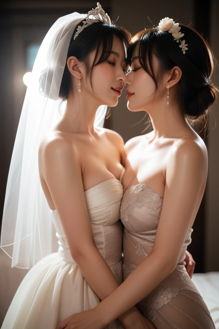 Two women wearing lace lingery making out at the catwalk, spotlight, realistic, high-resolution, high detailed