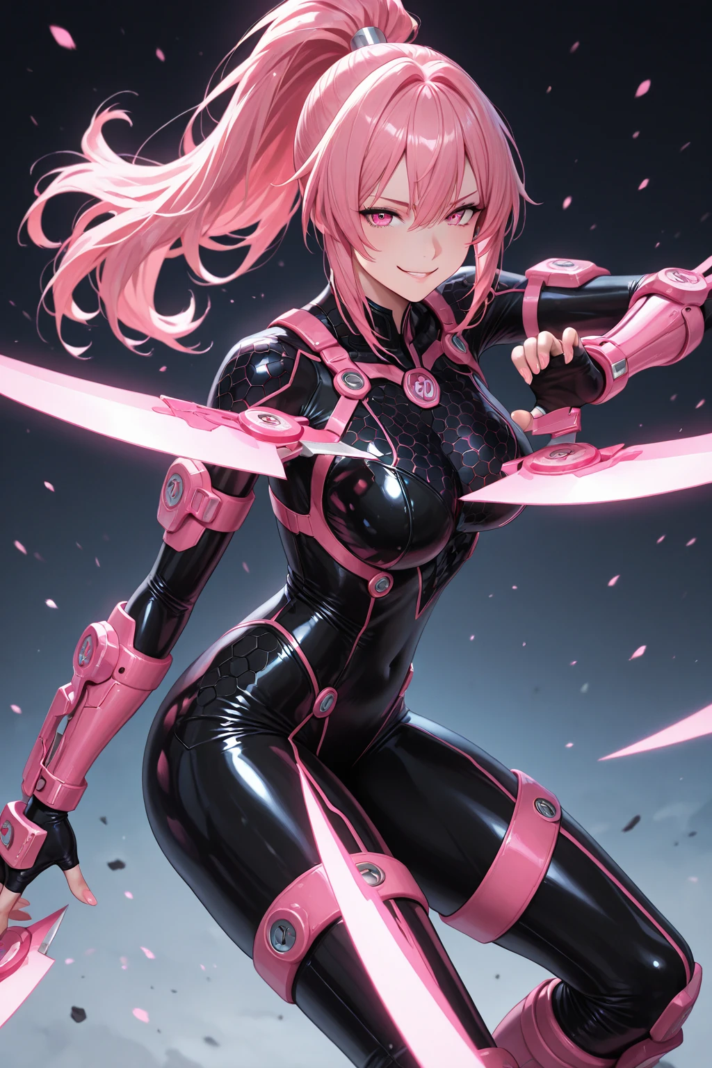 1 female, front view, pink hair, full body, feisty look realistic lips, neon blue techno spandex, small waist, wide hips, , exposed cleavage, fighting pose, pink tactical belt, standing in front of a mecha, hourglass figure, annoyed, in a jungle, short hair, best quality
