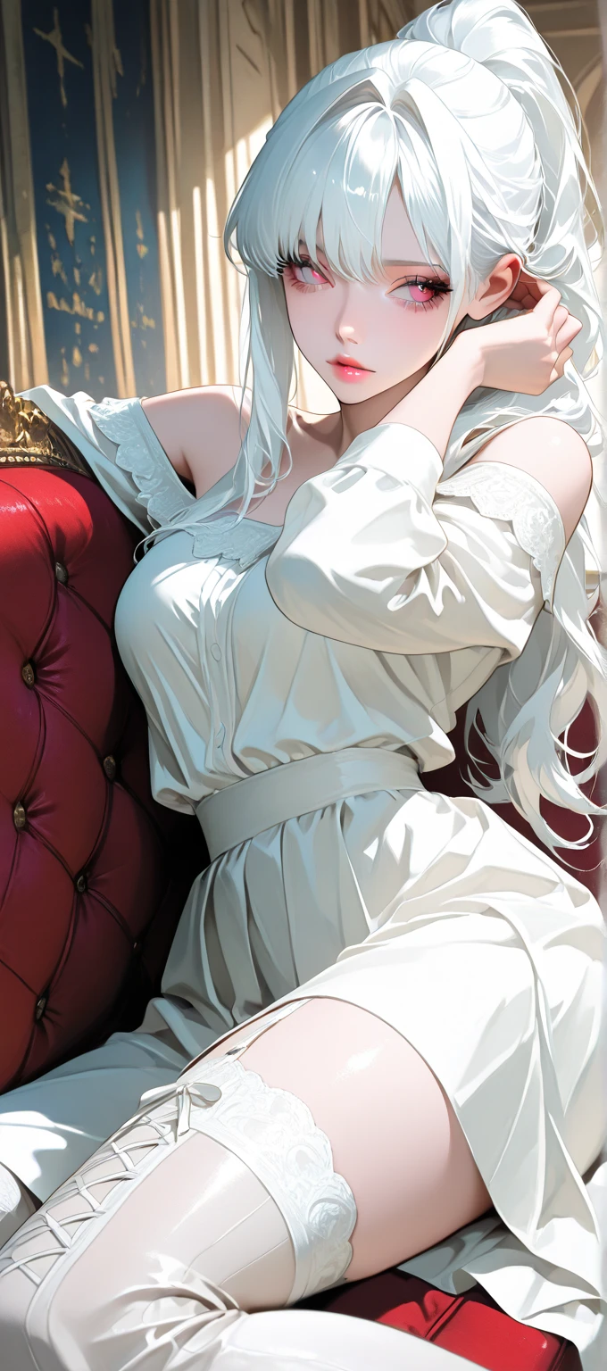 beautiful young woman, White dresses and dresses, in a beautiful house, My hair is long and neat., flirtatious, Smiling softly, holding a fruit basket,look at yourself in the mirror, Ultra HD, realistic, Bright colors, Highly detailed, UHD Drawing, perfect composition, Complex with beautiful details