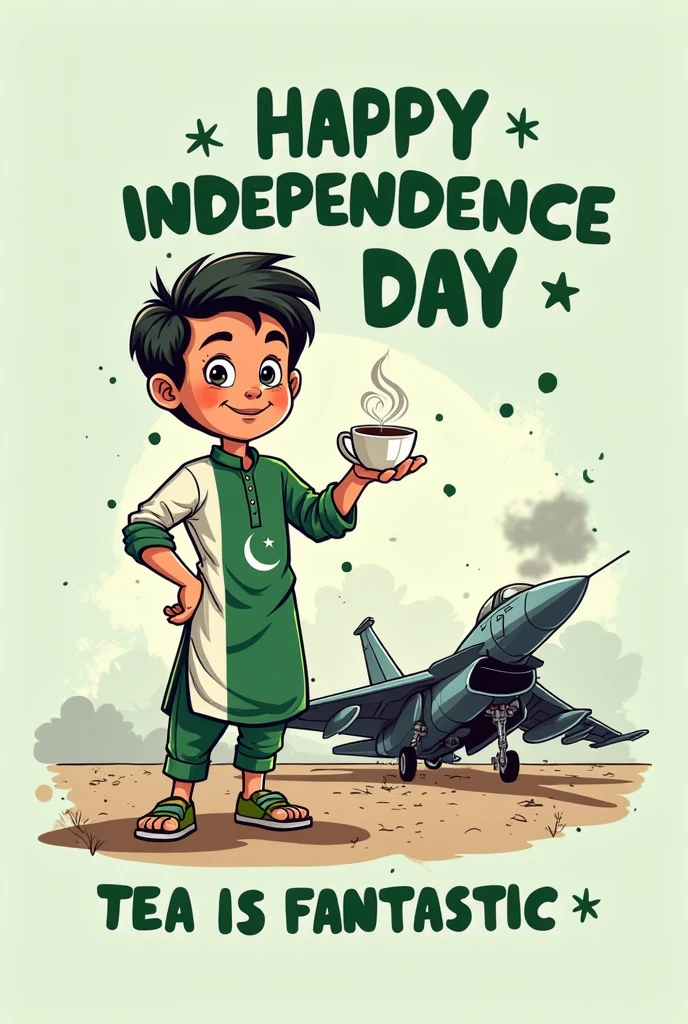Create an Real image featuring a young man sitting on the hood of a green and white truck, with Pakistan's scenic background. He's holding a flag celebrating Pakistan's 14th August. Generate a Realistic 20 years old boy,Wearing a shirt print is like pakistani flag and ❝ARHAM" is written on his t-shirt and the boy is standing on the road with hand holding a national flag of Pakistan,and behind him is the Minar E Pakistan.And written on sky "Happy IndependenceDay" Create Realistic image high quality