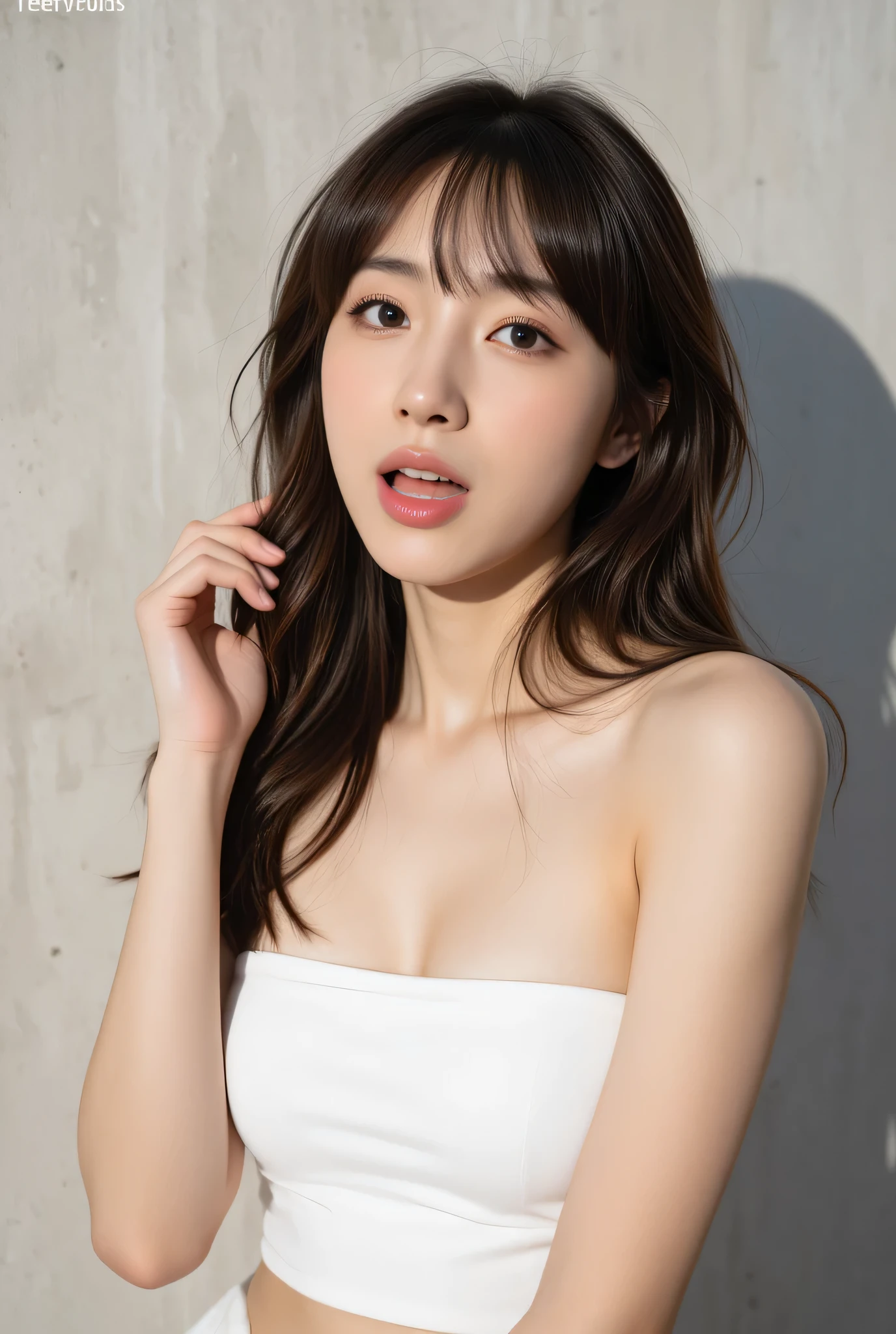 highest quality,live-action,whole bodyが映る、Kyoto、fine skin,beautiful breasts,stick out your butt、 long brown hair, 8K highly detailed face,straight hair、smile、 perfect face shape,absolutely perfect lips,whole body、 beautiful body line,perfect nose、beautiful eyes,erotic expression,masterpiece, beautiful girl,Japan female, 26 years old,look up,face of shame、cool beauty、beautiful armpits、T-back、T-shirt、visible from head to foot、long legs、Are standing、Take a picture of your feet、perfect fingers、plump body