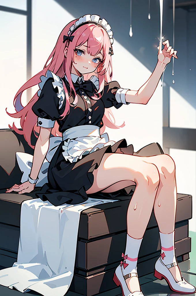 Highest quality、Shiny silk short sleeve puff sleeve pink maid outfit、See-through、Very short skirt、Voluminous red ribbon、Round collar、A short white ruffled apron、White garter belt with ribbon、Pink high heels with ribbon、Large headband with ribbon、Flushed Cheeks、Embarrassed look、White underwear、Soaking wet、Pool、Facing forward、Arrest
