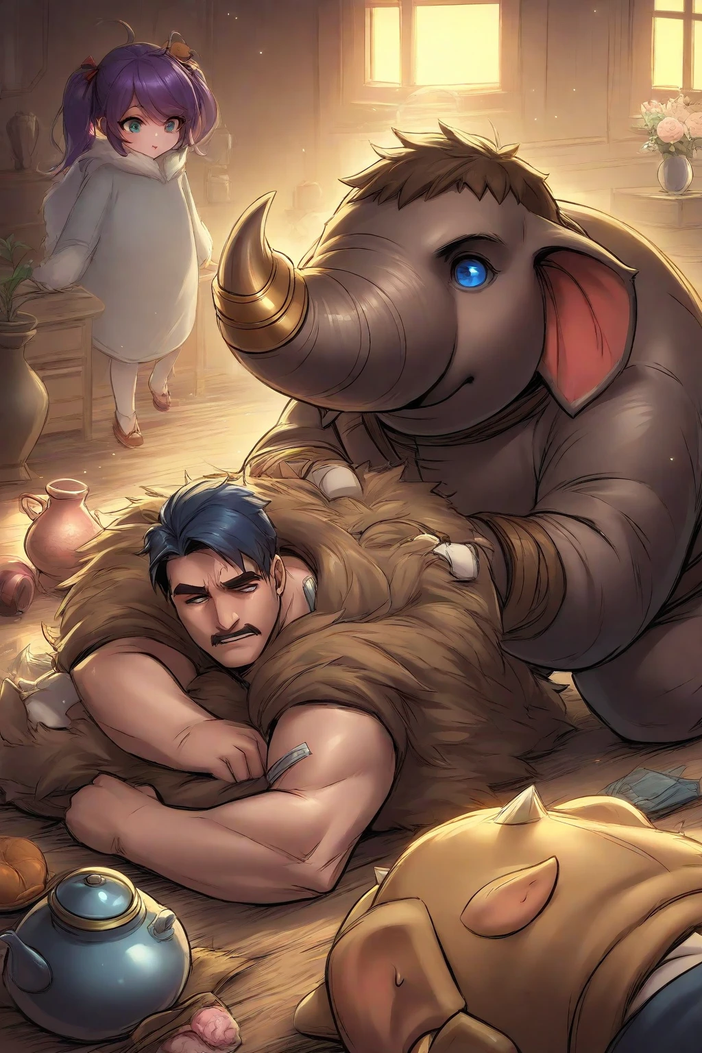 By taran fiddler, one male, lion, a naked middle-aged lion laying down on a mattress, a lion spreading his legs on top of a bed while masturbating, beard, expressive facial expression, shocked face and wide eyes, looking at viewer, dad body type, inside of a tent, dynamic angles, dynamic posing.