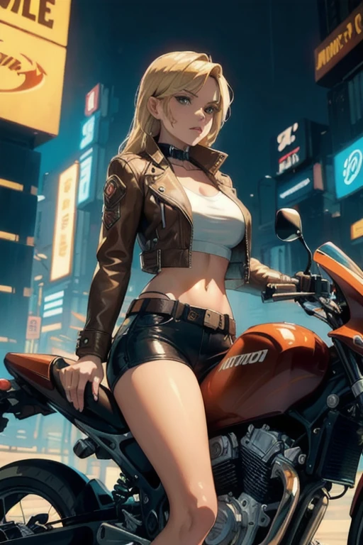 Model Colorful,SteampunkSchematic ,ember ((solo)) with blonde straight short hair , dressed in a orange futuristic coat , sits behind the wheel of an unusual motorcycle of the future ! The wheels of the motorcycle are visible , Front light ,,((tmasterpiece)), ((beste-Qualit)) ,(tmasterpiece)), ((beste-Qualit)), Bright colors !? ..3d / photo realism / ,hight resolution,Masterpiece:1.2),Ultra-detailed,(Realistic,Photorealistic,photo-realistic:1.37),,An abundance of colors, breasts little big, Bright colors ,Highly detailed,soft-lighting,