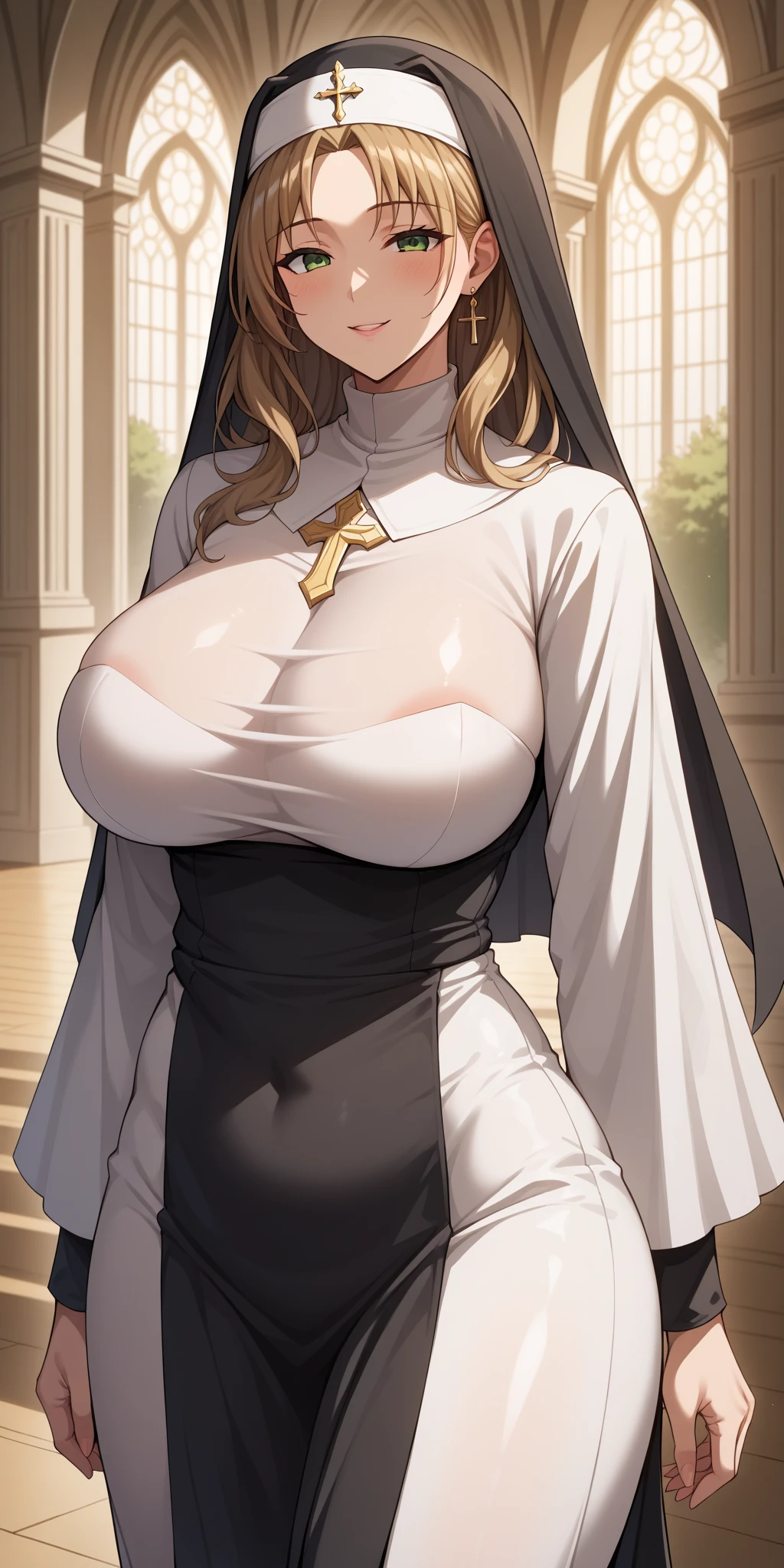 (((Mature Woman,nun))),(((men touching a woman's breasts from front))),(huge breasts),((best quality)),(orgasm:1.2,intense ecstasy),(tears),(wet,Sweat:1.3),(open leg),((at the church:1.1)),(skirt:1.1),(button-down,woman is wearing lace),(Latex,Red,Gold clothing),(Squint eyes:1.2),(embarrassing,blush),blonde,nsfw