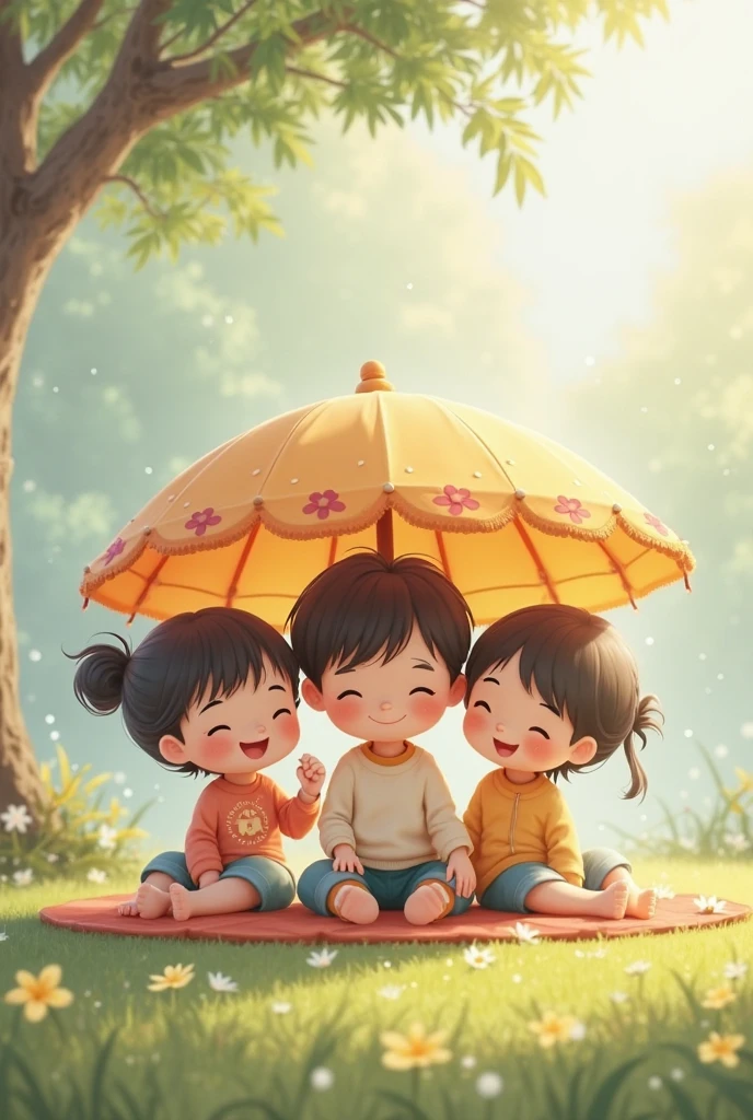 children drawing children under an umbrella