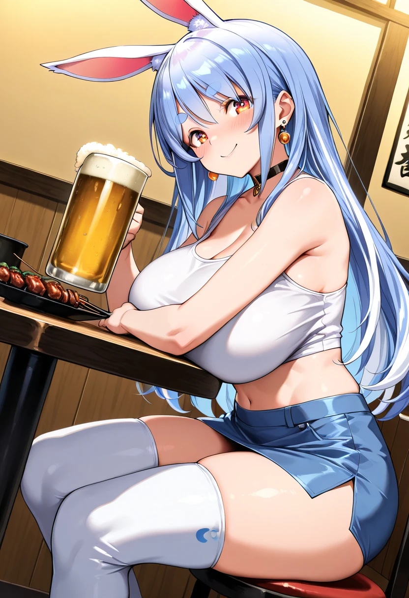 rinko, (naked:1.2),large breast,erected nipples,cleavage,maid headdress,long hair, ponytail,blue hair, hair between eyes, sidelocks, purple eyes, looking at viewer, beer pub,(highres, high quality:1.1), intricate details, cinematic lighting, 1girl,(red blush,embarrassed),from below,(metal collar),show off pussy,carying a beer tray,stockings,fishnets