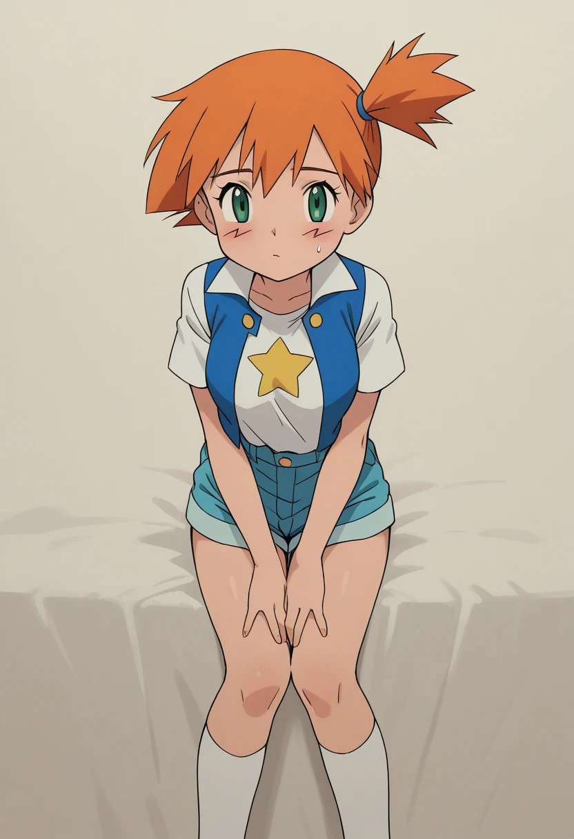 (perfect body),highest quality,16k、Masseter muscle part、((NSFW))、(())、low length、((((embarrassing))))、:d、Tree Fe○lumes、short hair、(blue eyes),redhead、Pigtails、((Sweat))、((flat chest))、swollen nipples、(Bedroom)、cloudy sky、white panties、both armpits、Hands restrained behind the head、On my back、thick thighs、spread your legs、lying down