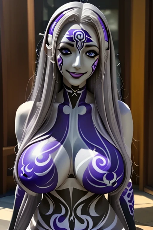 A tall and beautiful elf woman, light blue glowing eyes, cold expression, proud posture, chest up, lavender skin, purple facial tattoos, silver tied hair, exposed chest, exposed shoulders , showing her navel and thighs, looking up at the camera, with sweat on her body, her wet body, in a medieval inn.