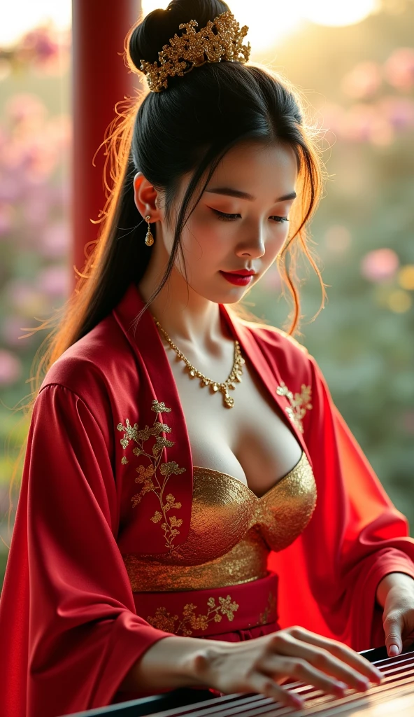 Masterpiece, ultra realistic,32k,intricate details, sharp focus, realistic, closed mouth, full body, ) 1girl, shiny skin,  seductive smile, standing, black eyes, brown_hair, earrings, jewelry, lips, long_hair, realistic, looking_at_viewer,  , irene1, wet hair, wet skin, shiny skin, dress, long sleeves, indonesian clothes, bali, balinese, cityscape, small breast,busty body, light make up,red kebaya
,Extremely Realistic