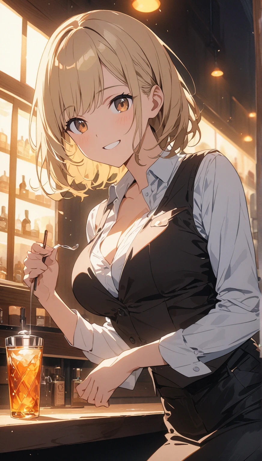 girl at a nightclub sitting at bar, eyeliner (masterpiece) (best quality) (detailed) (8k) (HDR) (wallpaper) (cinematic lighting) (sharp focus) (intricate) blonde hair, biting lip, medium hair, white and gold, sexy, blush, aroused, cleavage, shiny , wet skin, girl, dark makeup, action pose, jumping over bar, white shirt blazer and plaid skirt