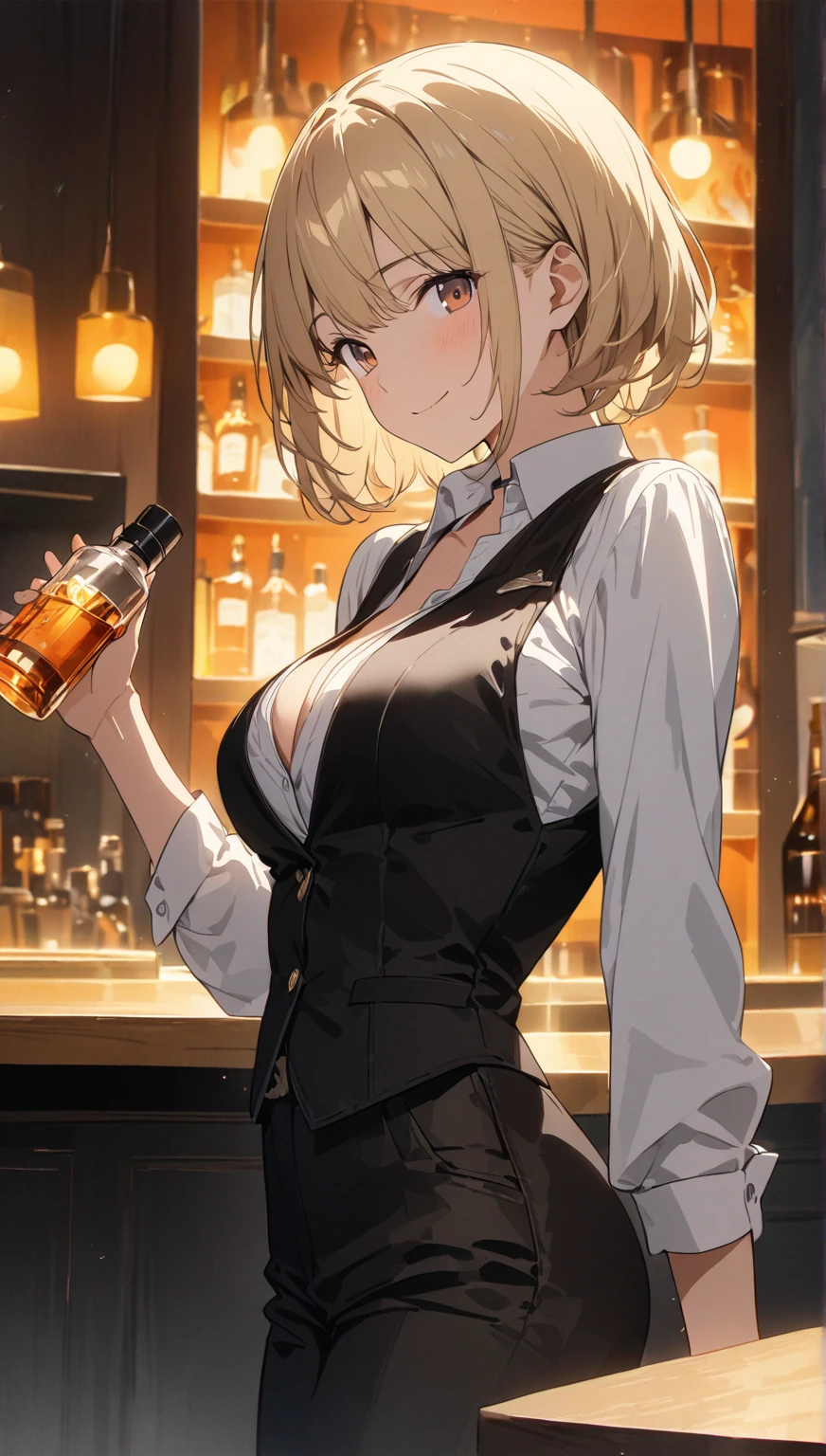 girl at a nightclub sitting at bar, eyeliner (masterpiece) (best quality) (detailed) (8k) (HDR) (wallpaper) (cinematic lighting) (sharp focus) (intricate) blonde hair, biting lip, medium hair, white and gold bodysuit outfit, sexy, blush, aroused, cleavage, shiny , wet skin, girl, dark makeup, (firing,bullet,gun,light particles), underboob, gold trench coat, handgun, holding gun, pointing gun