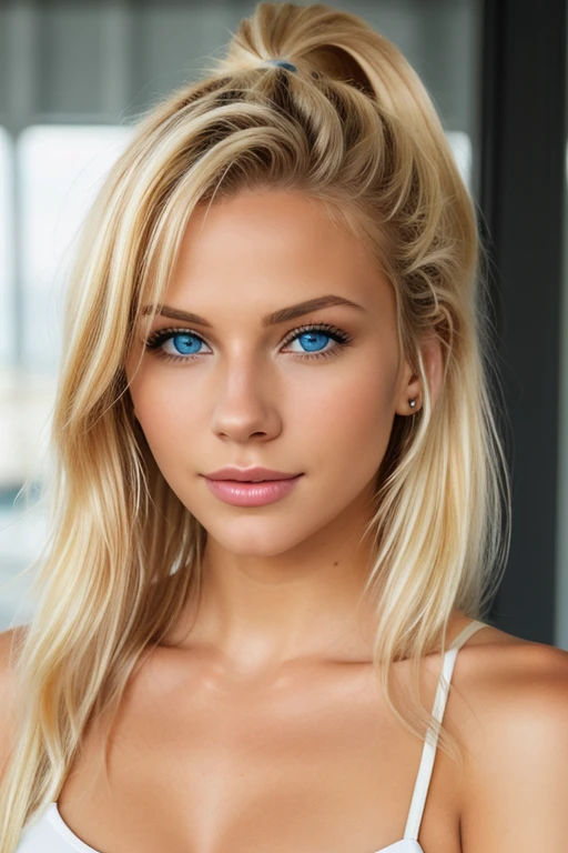 an eye contact of a blond, blue eyes and georgous lipps, looking sexy, horny, dezent make up, beautiful hair, smiling, showing teeth, brown strikes in hair, pony tail