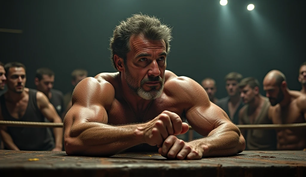 (((Muscular man))) masterpiece, best quality, high resolution, closeup portrait, male focus, solo focus, A man, 50 years old, grey hair, Wrestling player, wrestler player, grey silver hair, messy hairstyle, cute and seductive face, bare chest, body hair, facial hair, roman nose, , hairy legs, cute, dimples, goatee and mustache, bold jawline , full body, sweaty, in the city, amazing composition, , HDR, ultra quality, elegant, highly detailed,, beautiful asd, realisric male genitalia (((Big muscles)))  (((lay down)))