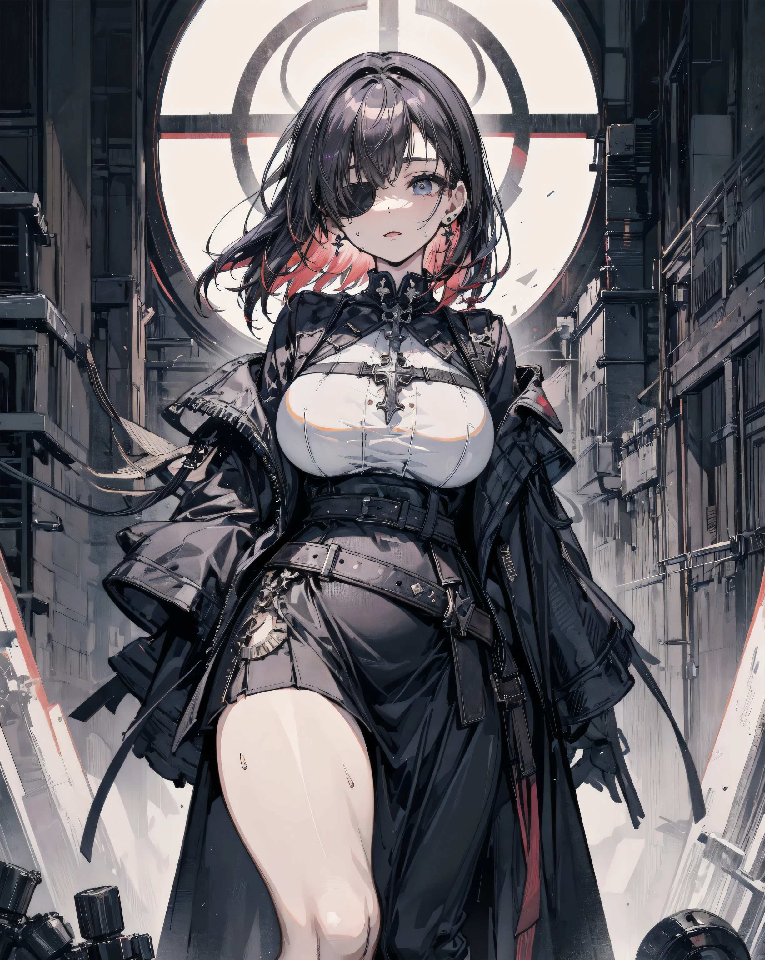 whole body, gunman attire, revolver pistol, boots, Gothic, horror, absurdres, RAW photo, extremely delicate and beautiful, masterpiece, Best Quality, ultra high resolution, 32k, hyperrealistic, ultra-detailed, detailed description, pale skin, 20 years old, detailed beautiful face and eyes, tearful mole, earring, Colossal tits, short medium hair, wavy hair,