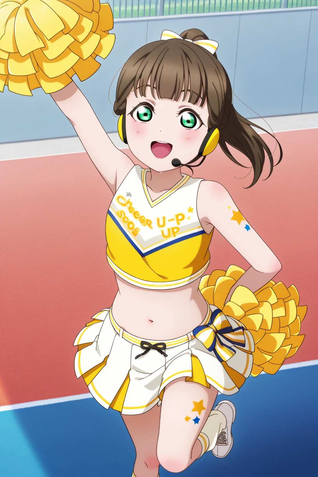 Masterpiece, best quality,Minami kotori, smile ,skirt, thighhighs, navel, bare_shoulders, elbow_gloves, midriff, armpits, strapless, headphones, thighhighs, cheerleader, pom_pom_(cheerleading), armpits
