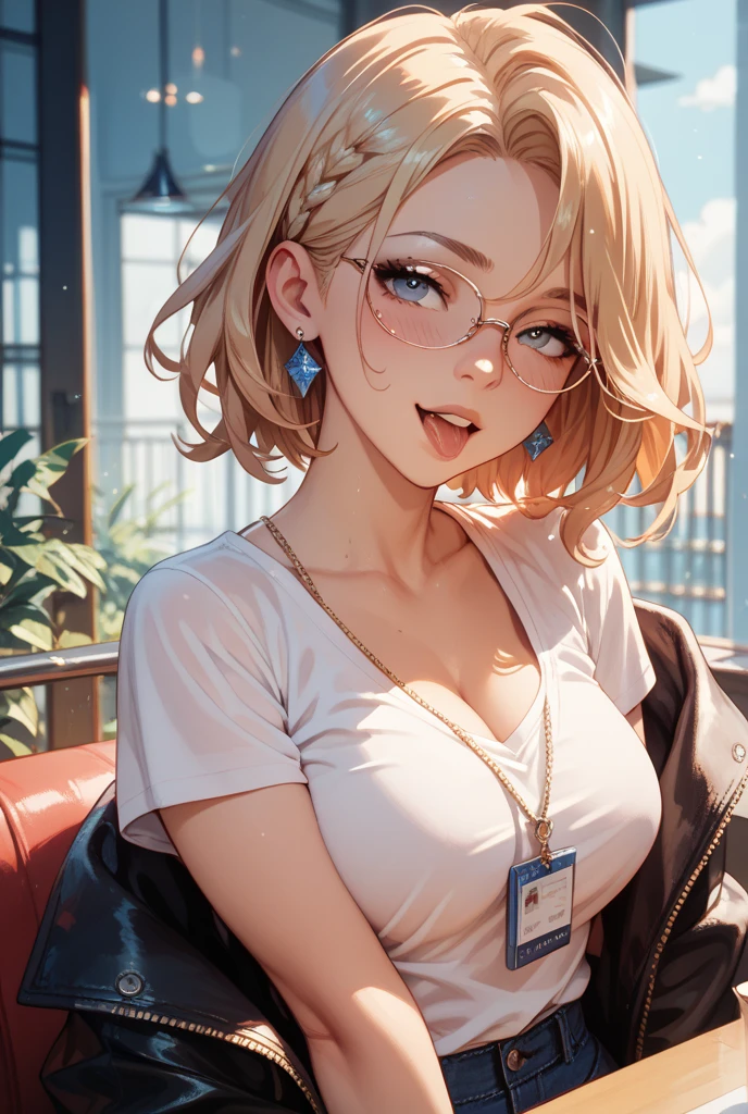 (masterpiece, Highest quality, でvery aesthetic, Super detailed), Intricate details, ((Cityscape, )), night, One woman, smile, Blonde, (((Touching your face with one hand))), Wavy Hair, Red gradient hair, Cleavage, From the side,, (Bobcut), blush, (((On top of a building))), Turquoise Eyes, Big eyes, Round eyes, ((sunglasses)), (((Gal with light makeup))), Collared shirt, White shirt, Baby Face, The clavicle is visible, , Grey pleated skirt, , looking at viewer, ((Sitting))