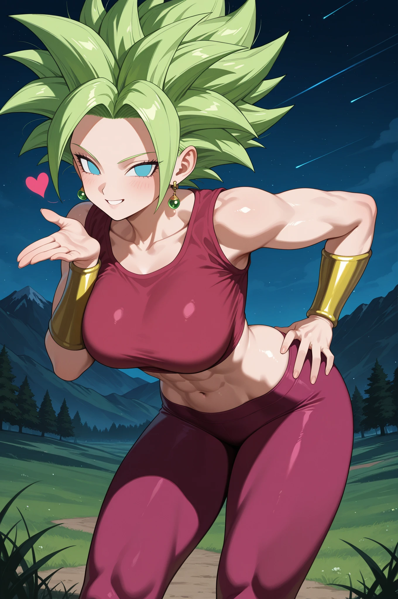 xyzkefla, masterpiece, best quality, green hair, muscular female, green eyes, ((wearing a white tshirt)), (black panties), bracer, midriff, looking at viewer, open mouth, happy, blushing, rolling eyes, tongue out, outside, trees, sunny day, standing,