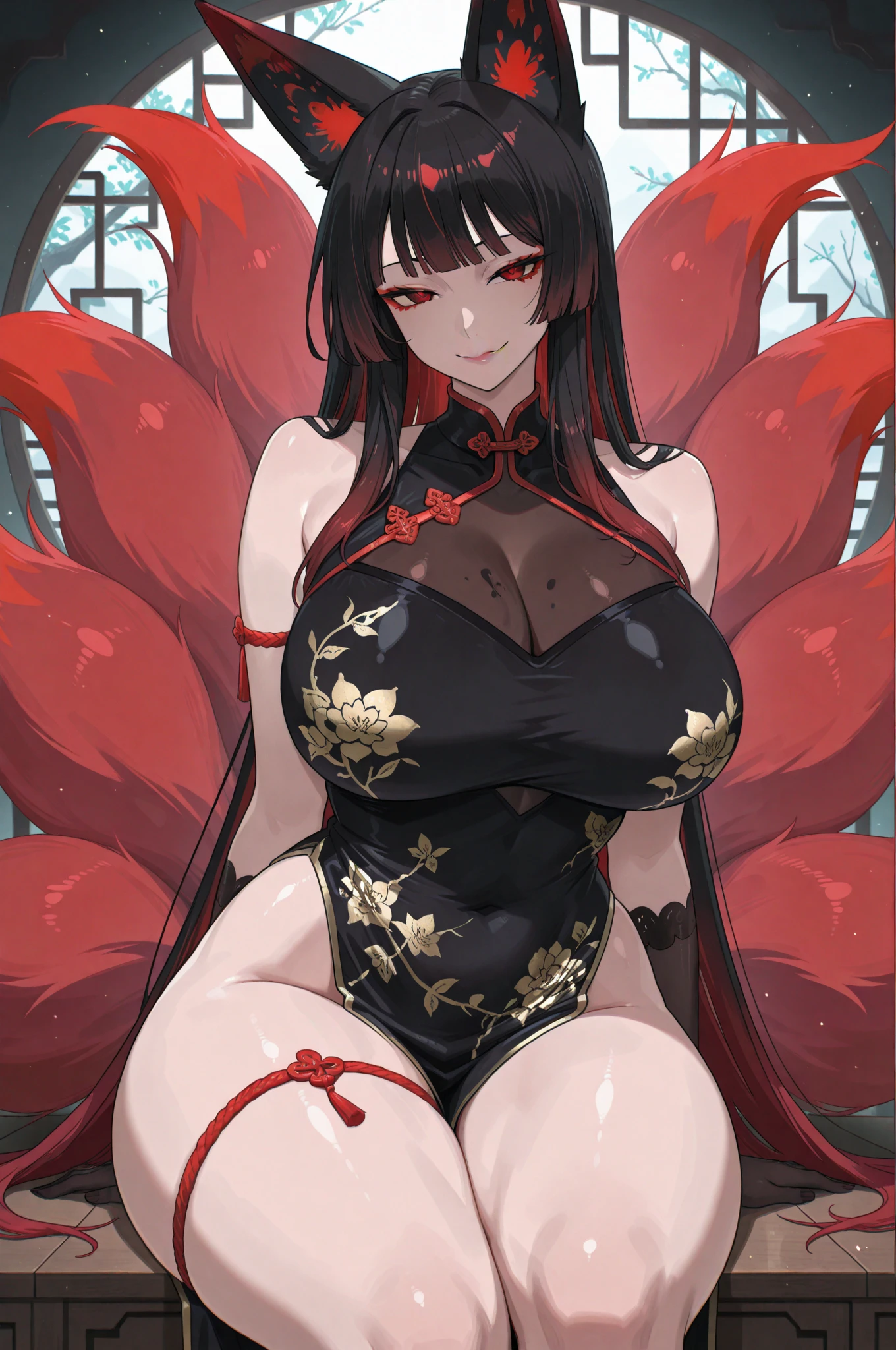 long、Dark hair、Black eyes、Healthy skin、Dragon Wings、Dragon's tail、Black kimono、large full breasts、big butts、a cool、folding fan、Japanese-style house、sitting on tatami、Bewitching smile、cherry trees、Dragon Man、Ryujin、Dragon's horn