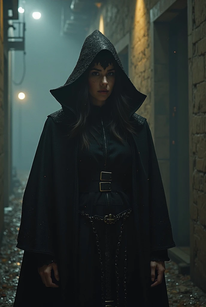 RavenTT, navy blue cloak, collant preto, brooch, waist belt, shes alone, Panas, darkness background, face detailed, detailedeyes, detailed hands, layer, fitted clothing, body skinny, cinematic light, 8k, side camera, gazing at viewer