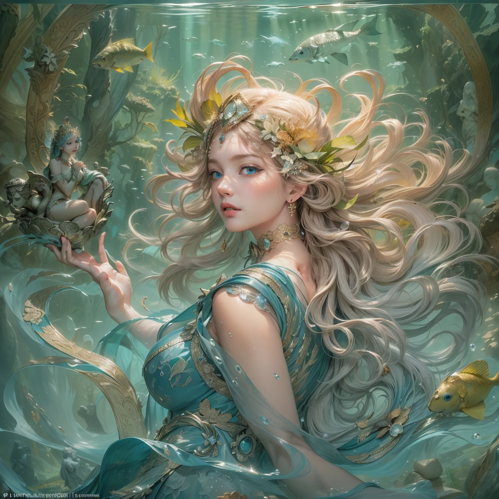 girl, 18 years old, small breast, wearing white dress, Flowing robes, detailed dress ornament, flowing hair, glowing hair, hair ornament, light on face, intricate magical circles, glowing runes, shimmering aura, intense focus, arcane incantations, crackling energy, levitating artifacts, ethereal staff, swirling mist, sparkling motes, mystical crystals, glowing sigils, intricate hand movements, otherworldly chanting, mysterious symbols, powerful invocation, transcendent awareness, phoenix dress, (underwater:1.8), (white dress, Iridescent rainbow hair:1.55), (((water bubbles, colorful fish, beautiful coral life))), (detailed fabric, detailed ornament:1.4), fantasy, Haircut model by Side braid, possed is Lying down pose, sharp green, shooting angle is Rim lighting shot, time is Rim Light, BREAK hyper realistic, intricate design, insanely detailed, extremely fine details, Extremely sharp lines, cinematic lighting, Photo realistic, a detailed painting by Esao Andrews and Anton Fadeev, Raw photo, high detailed, 8k, UHD, dslr, softlighting, HDR, warm light, high quality, film grain, fujifilm XT3, photorealistic, masterpiece, best quality, hyper-detailed, 8K, warm lighting, soft lighting, masterpiece, best quality, detailed, highest quality, ultra detailed, highres, cinematic light, splendid and colorful, out of focus, RAW photograph, art portrait, absurdres, high contrast, colorful, highest details,
