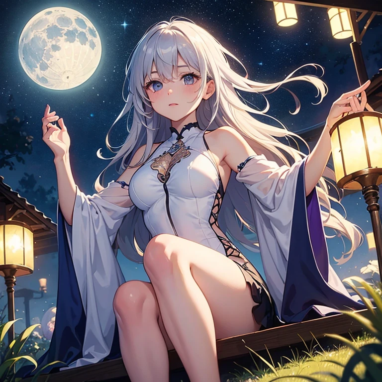 Bathed in the light of the moon、sitting on、Woman with shiny gray hair。Dressed in a black kimono、Depict a beautiful and graceful woman of Japan。Detailed CG and high definition、Take advantage of better lighting for light and shadow、Draw a beautiful scene。full body Esbian。 beautiful anime artwork, beautiful anime art, Anime Art Wallpapers in 8K, beautiful fantasy anime, Beautiful anime, Detailed anime artwork.blur backgroun、hair bobbles, longeyelashes, Solid Circle Eyes, lightsmile, ear blush, Colored inner hair, Ponytail, shairband, crescent-shaped hair ornament, Mismatched pupils, lickling lips, surrealism, drop shadow, anaglyph, stereograms, Tachi-e, POV, Atmospheric perspective, Chiaroscuro, Blurry, spark of light, Realism, One-person viewpoint, Wide Shot, 8K, Super Detail, ccurate, Best Quality, nffsw, Retin、eyeballs, heart in eye, Torogao, oral invitation
