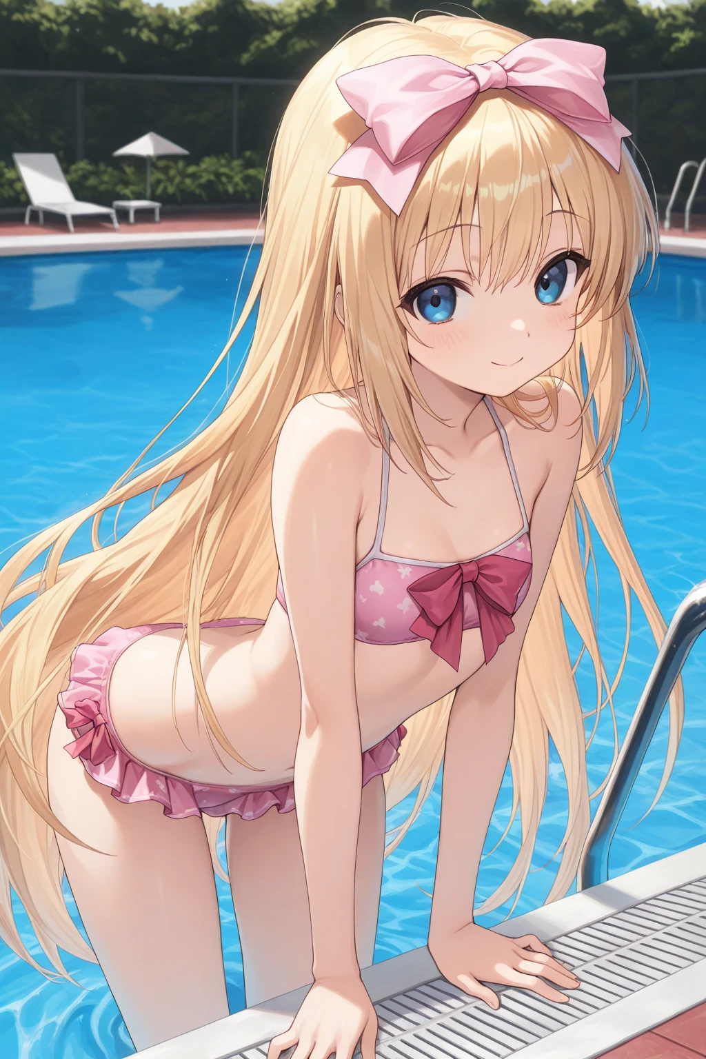 Blonde hair, mint eyes, sexy, large breasts, pink bikini, a hotel swimming pool