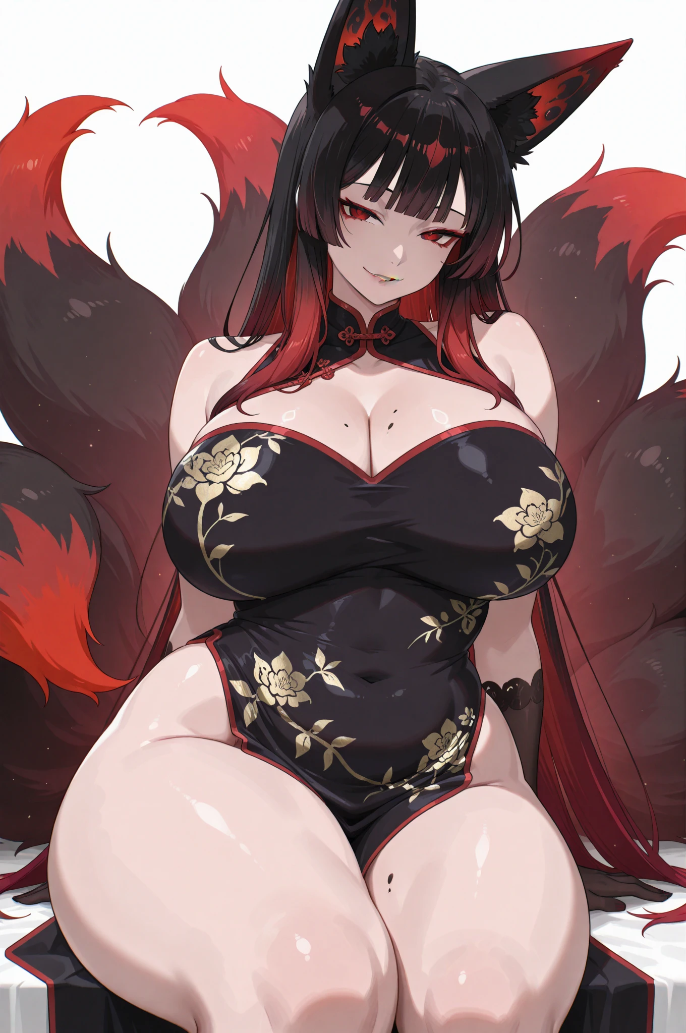 A black Kitsune red eyes highly detailed face highly detailed eyes large breasts sexy figure mature woman several black kitsune tails and soft long Kitsune ears, sexy red and black race suit