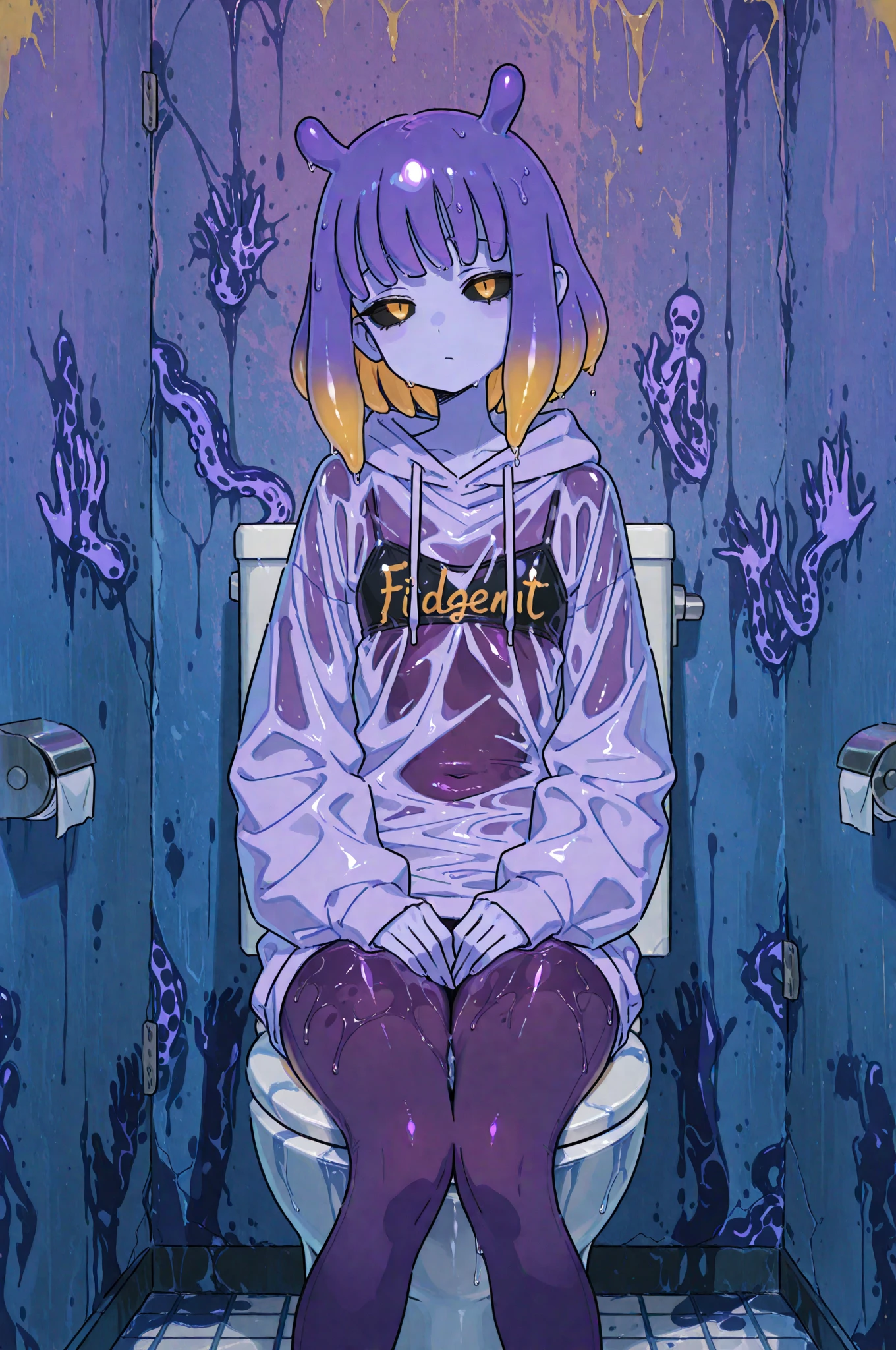Slime girl, man, {office background}, {{tie, shirt, business suit}}, (melting legs:1.4, scared,  frightened), {{pink hair, pink skin}}, happy, blue eyes, medium hair, {slime translucent skin},