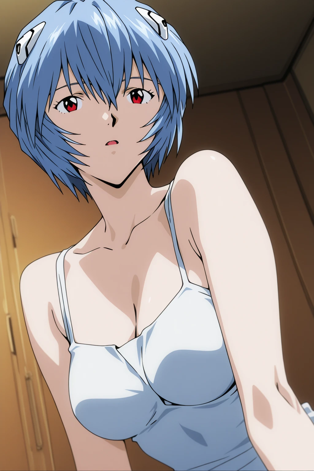 Best quality, masterpiece, ultra high res, 1girl, sexy, in the dark, deep shadow, low key, cold light, milf, blue hair, dynamic light, cinematic lighting, cinematic lighting, down blouse, mature woman, middle parted hair, nsfw, natural breast, upper body, milf, xenovia, simple smile, armpits visible, detailed armpits