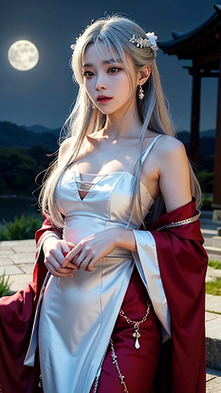 highest quality、8k Masterpiece、超A high resolution、(Photorealistic:1.3)、RAW Photos、1 girl、Silvery white shiny super long hair、Glowing Skin、samurai、Ninja、((Ultra-Realistic Details))、Portrait、Global Illumination、Shadow、Octane Rendering、8k、Super sharp、Beautiful breasts、Metal、Cold colors、、Very intricate details、Realistic Light、CGSoation Trend、Beautiful Eyes、Shining Eyes、To the camera、Neon Details、20age、Too beautiful face、Intelligence、Obscene、sexy、Moe、Rin、whole body、Healthy Body、Manhattan at night in the background、Helipad on a high-rise building、love、Charm、mischievous、Future、白いbattle服、Wearing a red robe、Short knife、Jedi Knight、battle、Overbearing、Realistic photos、Realistic facial features、Super long silvery white hair fluttering in the wind、Black boots、Realistic costumes、wide shot