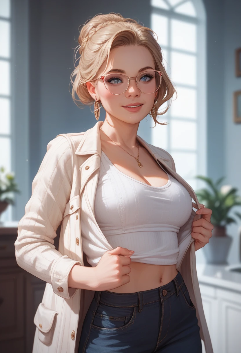 spectacled very short haircut older mature lady in beige unbuttoned silk fit stretched skimpy midriff-shirt, very low-rise bell bottoms, flip-flops