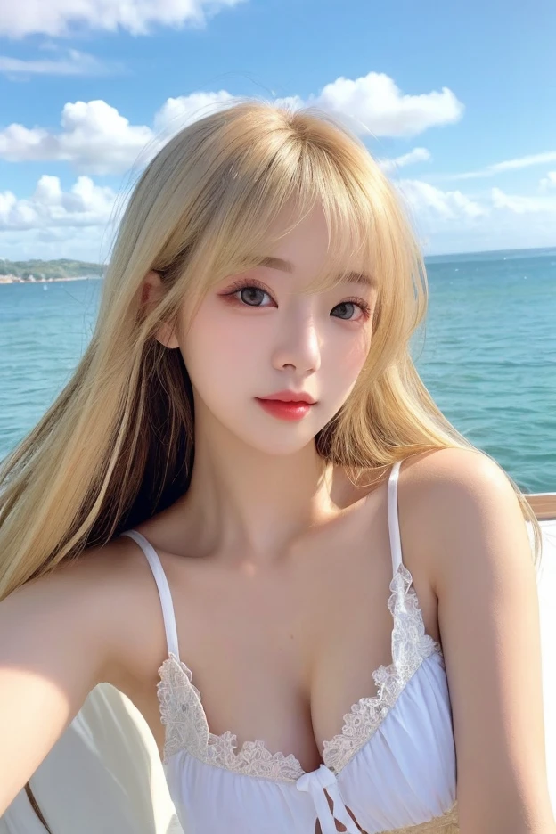 (Raw photo:1.2)、(Photorealsitic:1.4)、NSFW、top-quality、masterpiece、illustratio、extremely delicate and beautiful、Very elaborate、nffsw、Unity、8k wallpaper、magnifica、Elaborate、masterpiece、top-quality、Official art、Highly detailed ticker Unity 8K wallpapers、absurderes、huge filesize、ultra-detailliert、hight resolution、ighly detailed、Very elaborate girl、Eyes and face are okay、Beautiful eyes、1girll、sleeve removal、Stiff neck、Big breasts、breast apart、【thin waist】、perfect body type、Slimed、Long ponytail (platinum-blonde-hair:1.3)、Look at viewers、Spread your lips、Realistic light、realistic shadow、mare、the beach、the setting sun、glimmering light、faces、Close、Look at viewers、looking-down、(ulzzang -6500-v1. 1:0.8)、a blond