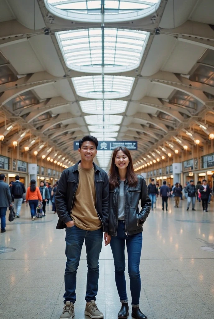 (masterpiece, best quality), best resolution, 2others, couple, 1boy with 2heads and 1girl with 2heads, height difference, different fashion, casual clothes, shopping mall, smile, happy, love