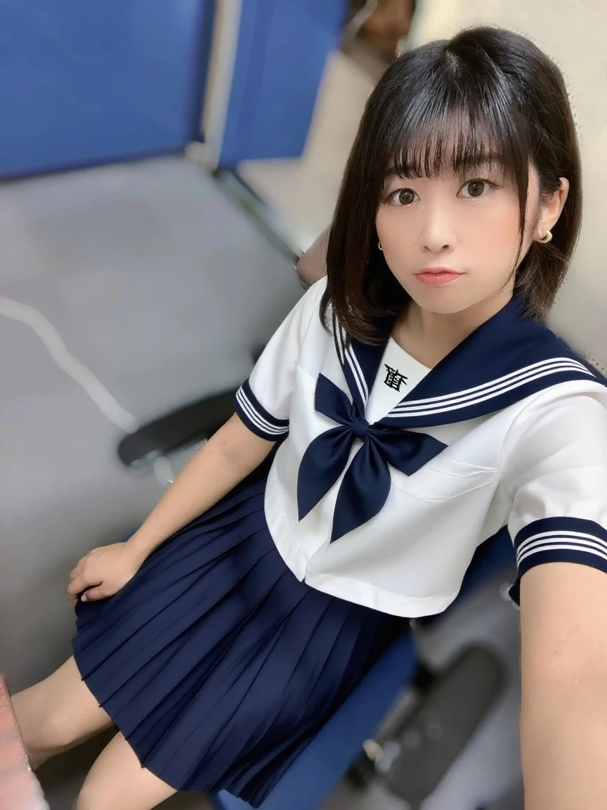 best quality、professional writing、 Meticulous workmanship、high resolution、(8k, high resolution:1.2)、(original photo, Reality:1.3)、masterpiece、Slender body type、HD face、The face has become the focus、HD Eyes、(Focus, symmetrical pupils:1.2)、slim body、HD skin beauty、Firm skin、Natural Makeup、Thick lips, HD Hair Textures、 (Japanese high school girl)、Unbeatable beauty、17 years old、Lovely, (half bun:1.3), (classroom) rest (Sailor Suit:1.3) rest (black socks、black loafers:1.3), (Sitting on the floor next to the wall:1.3), (Hold your chest tightly with your arms:1.3), very Lovely, (so awkward:1.3), (blush:1.3), (scared:1.3), Strange expression、Looking up at the camera:1.2、(Shirt open front:1.2), (cleveage, national foundation)