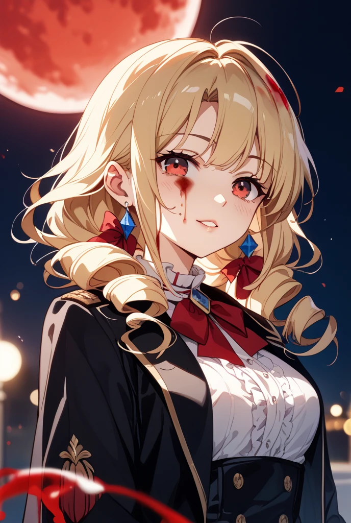 blue short sleeves,,Have large breasts,long skirt,Bigchest,exquisitedetails,Perfect details,sideface,White shirt,short detailed hair,nedium breasts,largeeyes,Black eyes,Sparkle,edge lit,long eyelasher,Based on physical rendering,adolable,Lateral face,with a round face,ssmile,8K,8K high quality detailed art, Beautiful 2D portrait,firework background,Extremely quality,tmasterpiece,Need,Blood Moon, Gorgeous tiara
