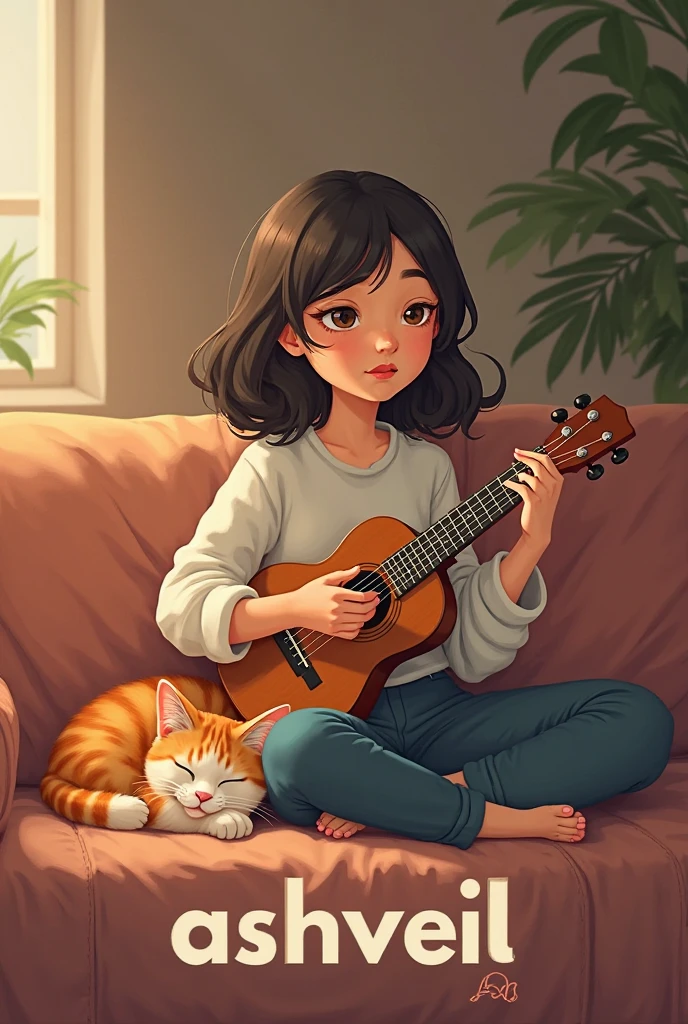 Create youtube thumbnail promt: a cute girl , smiling, wearing a bikini with a white shirt lying on a rocking chair reading “Life is easy”, wear headphones, cat playing guitar, outside the window birds are chirping, There are musical notes flying around the room., There is a picture that says “Relax” & Laugh”, image ratio 1280x720, create sexy girl full body photo