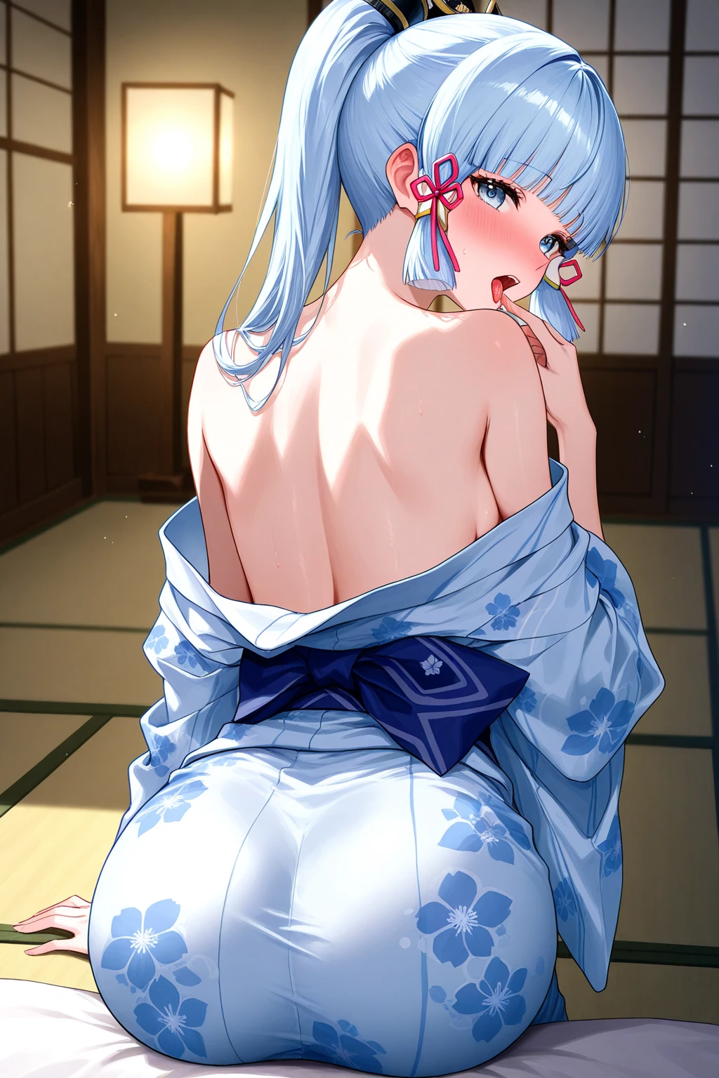 obra maestra, high resolution, Mejor calidad, 1girl solo, kamisato_Ayaka, desde arriba, mirando al espectador, sonrisa ligera, vadeando, by damp, noche, junto a la piscina, Japanese Onsen, White panties, naked