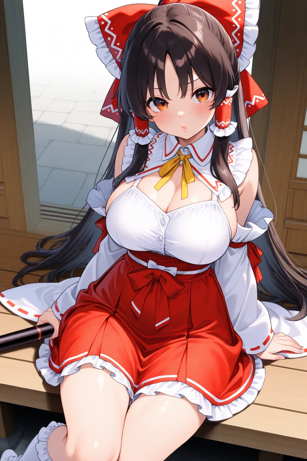japanese girl, giant breast, (blushing), maid dress,(sideboobs:1)
