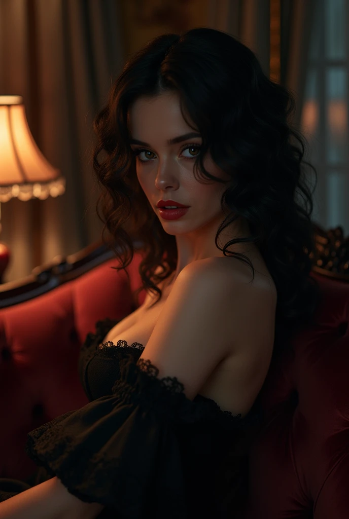 (masterpiece, best quality:1.3), (feet bottom view) hyperrealism, sharp images, photorealistic, (Full body portrait), (highly detailed face:1.4), (highly detailed skin:1.4), (20 years old woman) (she has very black wavy hair) (breast size: 1.3), detailed hd beautiful dark green eyes, lips marked with red lipstick, flirtatious look, big light green eyes, bold black eye shadows, huge eyelashes, (wearing a flirty maid outfit somewhat translucent in black with white with bordered and thin, very realistic clothing details) (she is in an elegant chair) (background, late night, nighttime, dim light, dark filter, no light on the skin, desk room:1)