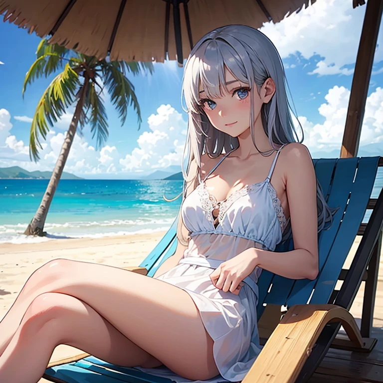 ((8K, Highest Quality, Best:1.3)), Ultra High Resolution, (1 Girl, 1 Person), (Color Changing Eyes, Super Detailed, Expressive Sparkle, Sparkling, Glowing Eyes), Highly Detailed Eyes, Highly Detailed Face, Random Hair, (Silver Gray Color)) ,(Sitting with Knees Up on rugs, spread legs),A seductive woman in a swimsuit. The background is a luxury tent on a tropical beach, with cushions and rugs in the interior that exude a resort feel. A beautiful sunset can be seen in the distance on the beach, creating a contrasting landscape with the orange sky and the deep blue sea. The woman has long silvery hair swept back and is wearing a light pink bikini. The top of the bikini is decorated with ruffles and ribbons, while the bottom is a simple design. The angle is from inside the tent, looking up from a little below, capturing her lying in the tent and relaxing on a beach cushion. She is blushing and smiling modestly, and the interior of the tent and the light of the sunset in the background give the whole thing a fantastical glow.