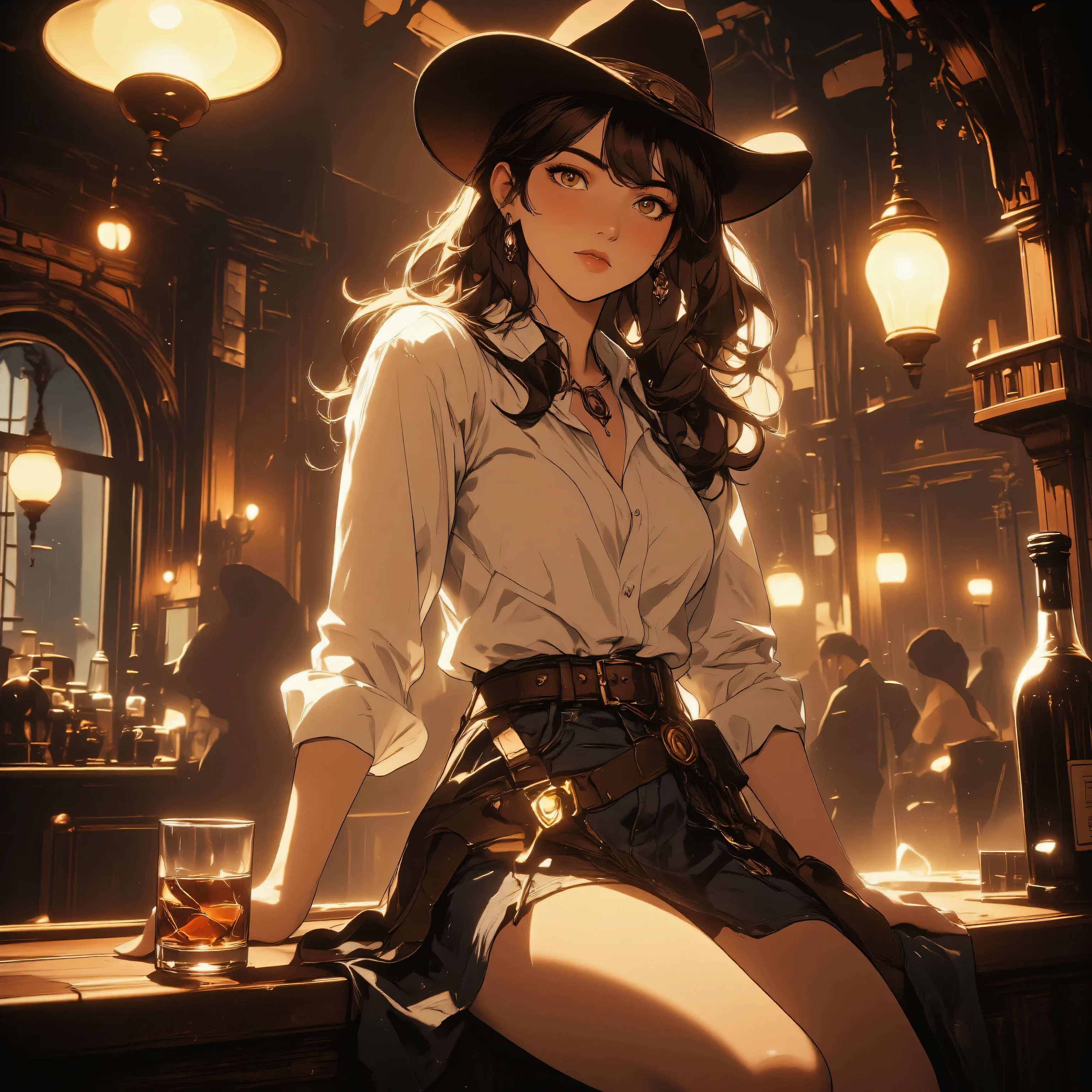 there is a female cowboy on an western bar at night, sitting with a glass of whiskey, wearing white shirt, small cleavage, jeans skirt, wearing high heels boots, wild west bar background, gaslight lamp, dynamic angle, photorealism, depth of field, hyper realistic, 2.5 rendering, Cinematic Shot, Masterpiece , best quality , absurd res, midjourney3